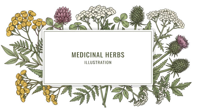 Vintage illustration of various medicinal herbs arranged around a central rectangular frame with the text "MEDICINAL HERBS ILLUSTRATION".