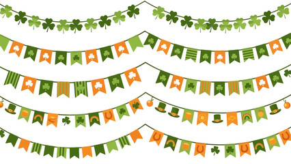 A collection of St. Patrick's Day themed bunting flags and shamrock garlands in green and orange. © Jimy