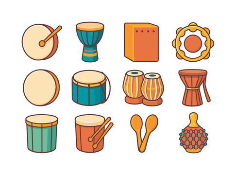 Colorful Folk Percussion Icons. Folk percussion. Colorful flat vector icons set of folk percussion: bodhran, djembe, cajon, tambourine, frame drum, davul,