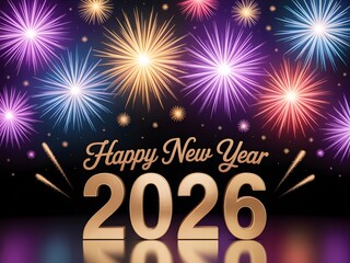 Happy new year 2026 celebration with colorful fireworks on dark background