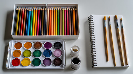 Naklejka premium Colorful Art Supplies Flat Lay with Pencils Paint Palette Brushes and Sketchbook on White Background for Creative Education and Artistic Hobbies