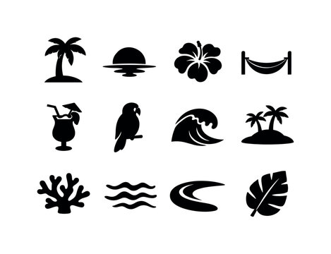 Tropical Sunset Icons. Tropical sunset. Solid icon set of tropical sunset: coconut tree, sun on horizon, tropical flower, beach hammock, fruit drink, parrot