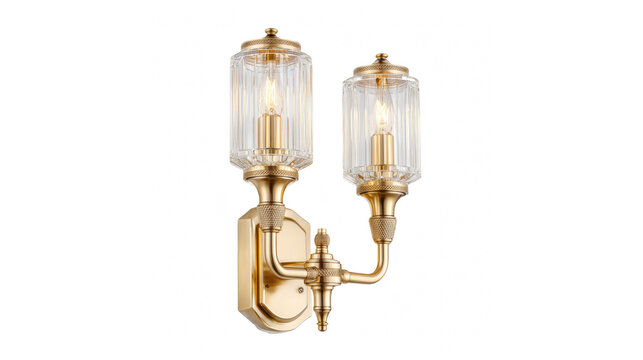 Elegant double arm brass wall sconce with clear crystal glass shades