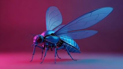 A futuristic blue metallic insect with large wings on a colorful background
