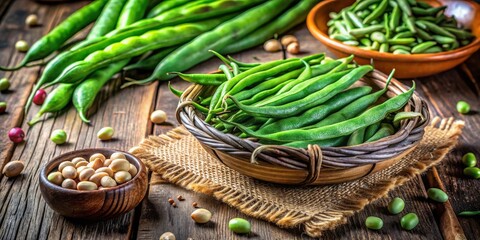 A Rustic Still Life Featuring Freshly Harvested Green Beans and Creamy White Beans in Wooden Bowls on a Weathered Wooden Table