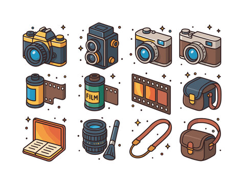 Classic Camera Icons. Classic film photography. Colorful isometric vector icons set of Classic film photography: 35mm film camera, medium format camera,