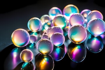 Bubbles with iridescent colors floating on a dark reflective surface in a conceptual 3D render