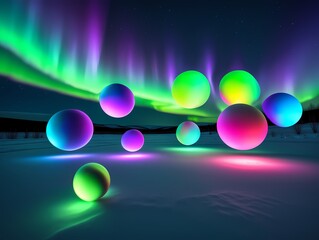 Aurora borealis landscape with glowing colorful spheres floating over snow at night
