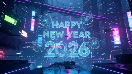A futuristic cityscape celebrating New Year 2026 with neon lights and digital displays at dusk from a high vantage point.