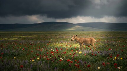 Saïga au nez caractéristique dans une steppe fleurie