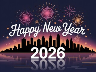 Happy new year 2026 celebration with fireworks over city skyline at night
