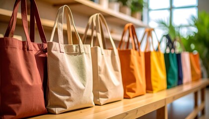 A collection of colorful canvas tote bags are displayed on a wooden shelf in a store