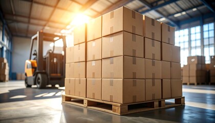 Stacks of cardboard boxes on a wooden pallet in a bright warehouse with a forklift