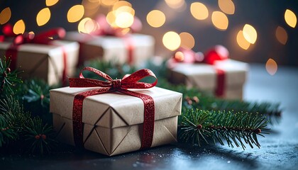 Festive Christmas gifts wrapped in kraft paper with red ribbons and pine branches