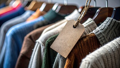 A row of assorted clothing items hanging on wooden hangers with a blank tag in the foreground