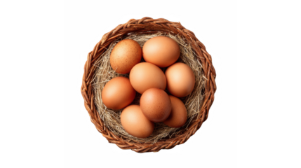 Brown eggs neatly arranged in a rustic woven basket with straw