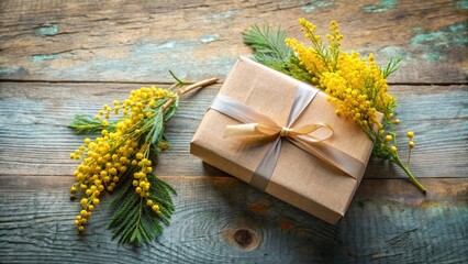 A thoughtfully wrapped gift rests on a rustic wooden surface, adorned with vibrant yellow spring blossoms, symbolizing the arrival of a new season and the joy of giving.