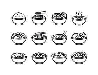 Food Bowl Icons. Food Bowl. Line icon set of Food Bowl: bowl with rice, noodle bowl, salad bowl meal, soup bowl steam, poke bowl, ramen bowl, cereal bowl milk,