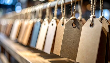 A row of blank cardboard tags with jute string hang from a wooden rail