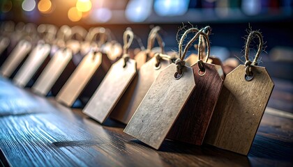 A row of blank rustic tags with twine hanging from a metal grommet displayed on a wooden surface