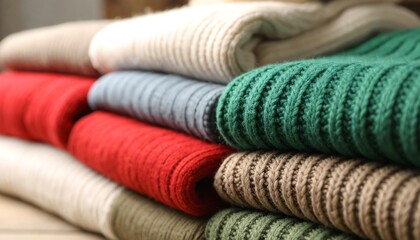 Stacked knitted sweaters in various colors including beige cream red gray green and brown