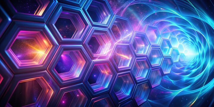 Abstract Hexagonal Structure Within a Vibrant Energy Field Representing Technological Advancement and Connectivity