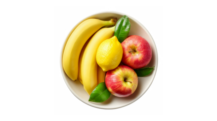 A bowl of assorted fruits including bananas, apples, and a lemon.