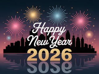 Happy new year 2026 celebration with colorful fireworks and city skyline at night
