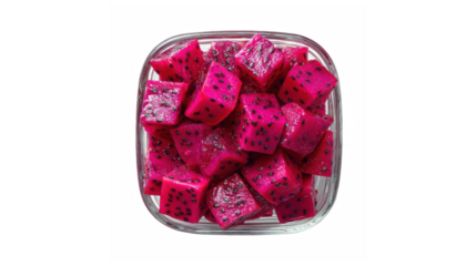 Vibrant pink dragon fruit cubes in a clear glass bowl