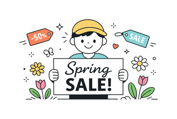 Spring Sale Joy. Spring sale announcement. A friendly character holding a sale sign surrounded by flowers and floating tags. Warm invitation, approachable tone