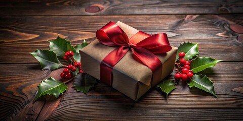 Fototapeta premium A thoughtfully wrapped gift, adorned with a rich red ribbon, rests on a rustic wooden surface, surrounded by vibrant holly sprigs and glistening berries.