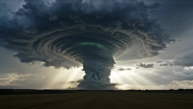 Dramatic Tornado Forming Under Dark Stormy Clouds in Open Field