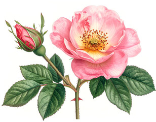 Realistic Pink Rose Bloom and Bud with Detailed Green Leaves on White Background