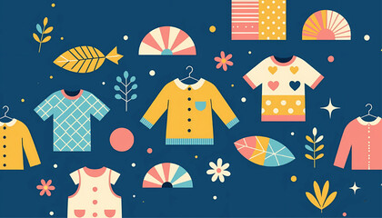 Children's Clothing Flat Lay Composition with Yellow Cardigan Blue Checkered Shirt and Pastel Decor Elements on Navy Blue Background - Scandinavian Kids Fashion Illustration
