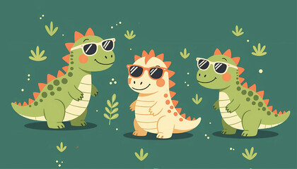 Cool Dinosaurs Wearing Sunglasses - Three Cartoon T-Rex Characters with Orange Spikes in Flat Vector Style on Forest Green Background - Kawaii Children's Illustration