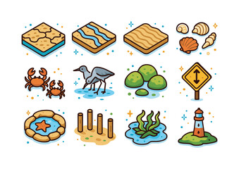Isometric Tidal Flats Icons. Tidal flats and mudflats. Colorful isometric vector icons set of Tidal flats and mudflats: expansive mudflat pattern, tidal