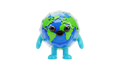 3D Cute Cartoon Earth Character on transparent background