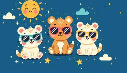 for kids clothes, decoration and wallpaper, cute Bears with sunglasses  