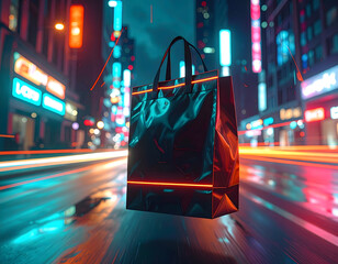 Fast Food Delivery Bag Floating Over Blurred Night City Street with Neon Lights