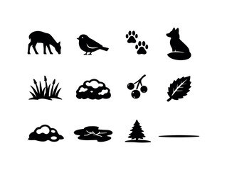 Fototapeta premium Snowy Meadow Icons. Snowy meadow animals. Solid icon set of snowy meadow animals: grazing deer, small bird, rabbit tracks, fox sitting, field grass winter,