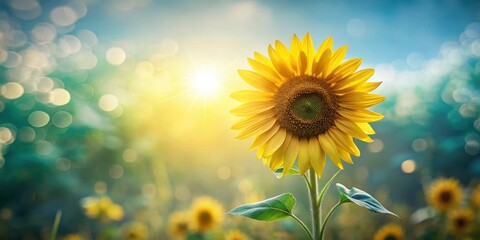 Obraz premium A single sunflower basks in the warm glow of the setting sun, its vibrant yellow petals reaching towards the heavens in a field of its brethren, a breathtaking display of nature's artistry.