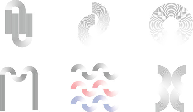 Six distinct geometric line patterns explore interlocking forms and segmented circular elements in monochrome