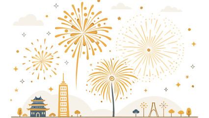 Celebratory fireworks illuminating an asian cityscape with traditional and modern architecture