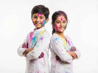 indian brother and sister enjoying holi celebration with bright festival colors on clothing isolated on white background