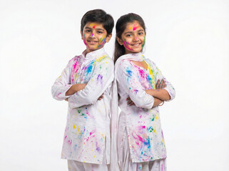 young fair skinned indian boy and girl siblings celebrating holi festival with vibrant colors on clothes isolated on white background