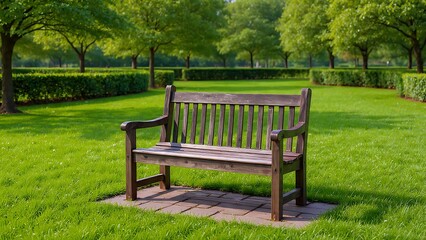 Serene Backless Wooden Bench on Pathway Surrounded by Lush Greenery