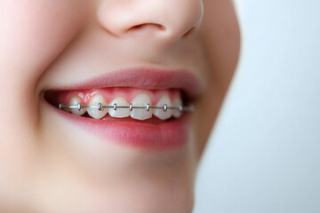 Obraz premium Close-up of a smiling kids mouth with braces, showing dental care, orthodontic brackets and healthy teeth, generative ai