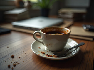 Fototapeta premium Coffee cup on wooden desk with laptop in background, with copy space