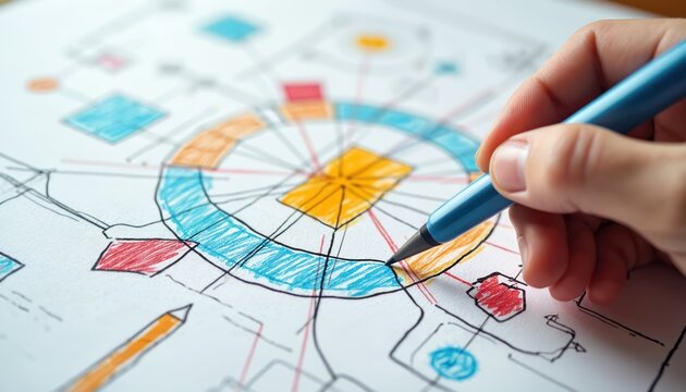 Person sketches colorful diagram with geometric shapes and lines. Hand draws flowchart on white paper. Visual planning and creative idea development process. - Powered by Adobe