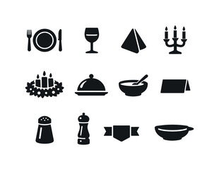Festive Icons Collection. Festive table settings. Solid icon set of festive table settings: dinner plate, fork and knife, wine glass, napkin folded, candle